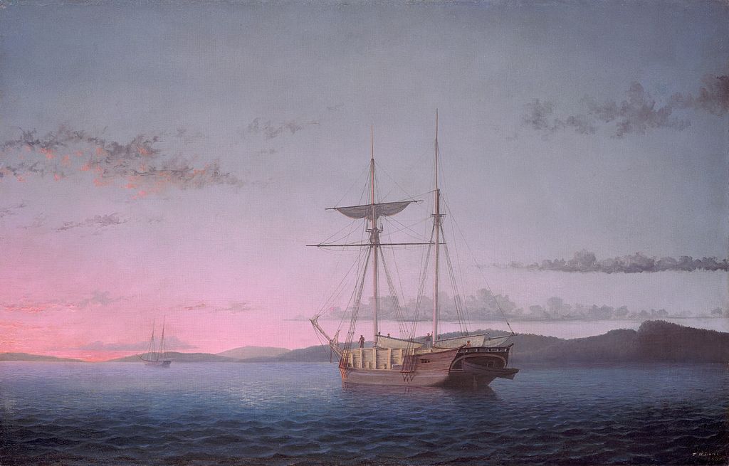 escunas de madeira à noite em Penobscot Bay-Fitz Henry Lane