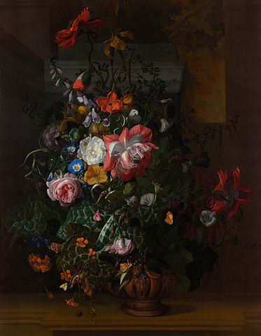 Roses, Convolvulus, Poppies, and Other Flowers in an Urn on a Stone Ledge - Rachel Ruysch