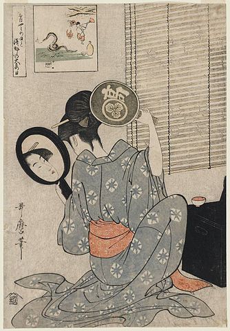 Takashima Ohisa Using Two Mirrors to Observe Her Coiffure Night of the Asakusa Marketing Festival